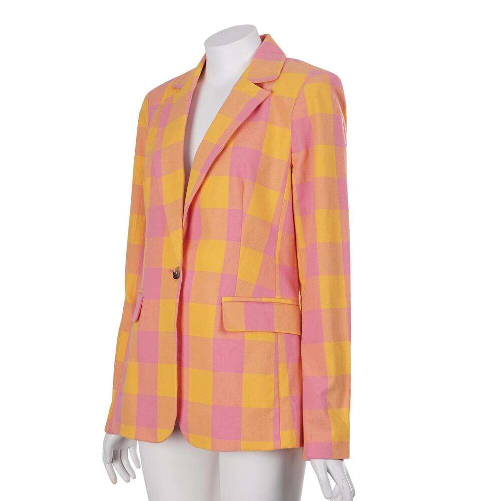 Free Assembly Blazer S Pink Yellow Gingham Check Colorful 1-Button Jacket - Picture 3 of 9